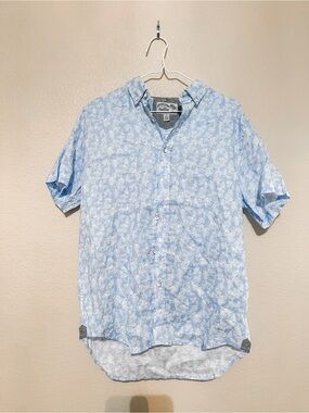 Heritage Light Blue Palm-Print Short Sleeve Button-Up Shirt